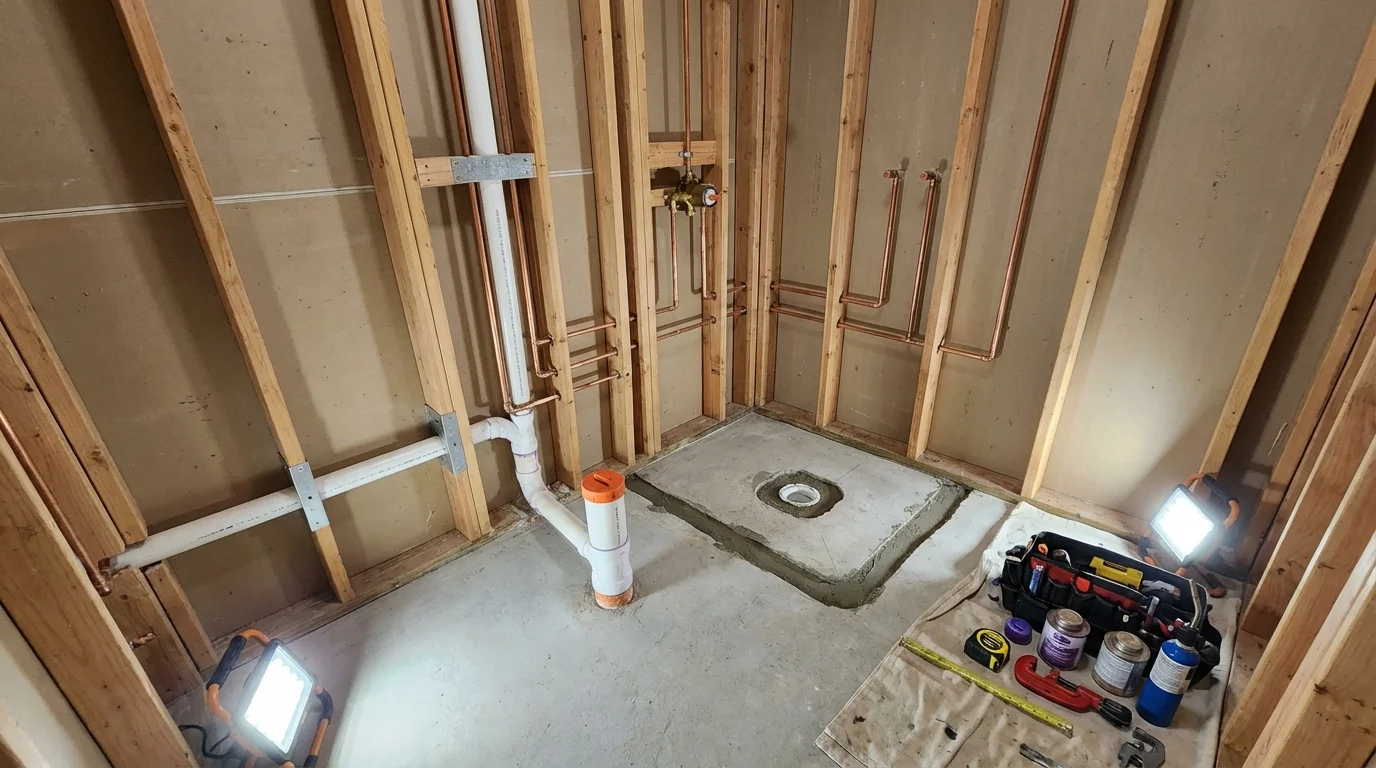 Bathroom rough-in plumbing during remodel by Johns Plumbing LLC in Amagansett