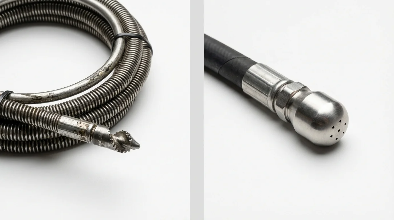 Drain snake cable and hydro jetting nozzle used for drain cleaning in Amagansett, NY