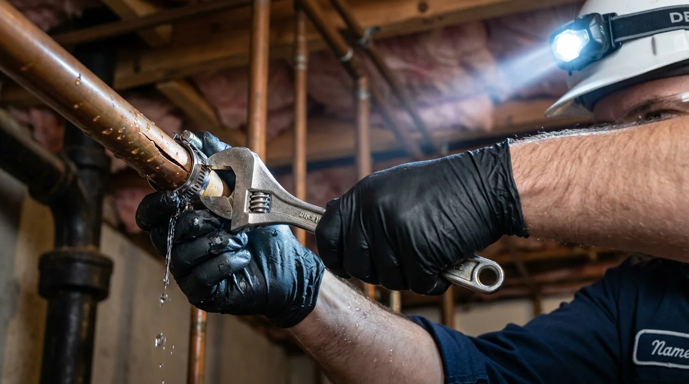 Emergency pipe clamp repair being performed by a Johns Plumbing LLC plumber in Amagansett