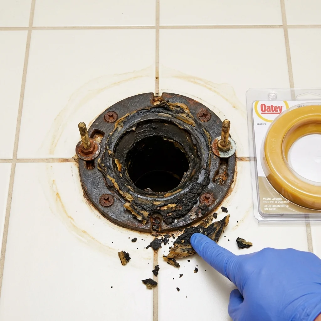 Failed wax ring showing water seepage at the base of a toilet in a Amagansett, NY home