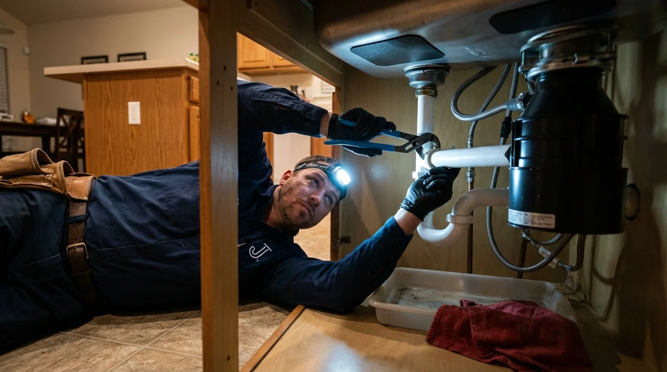 P-trap and supply line connections under a kitchen sink showing a common leak point in Amagansett, NY